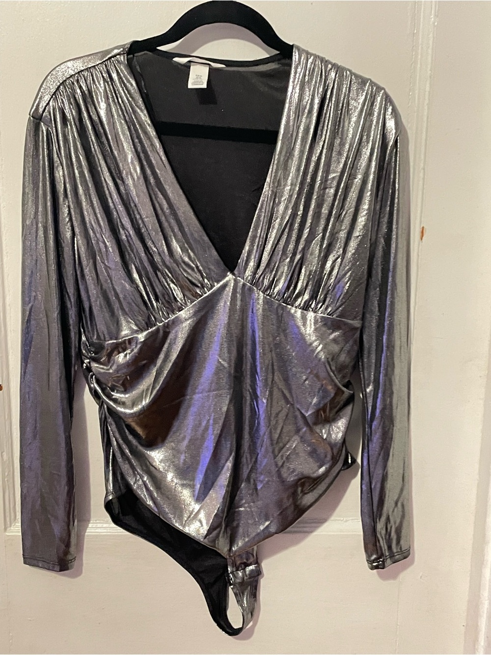 H&M Metallic Silver Wrap-Front Long Sleeve Bodysuit